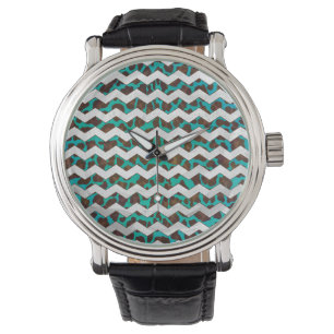 Montre Brun de léopard de Chevron et copie turquoise
