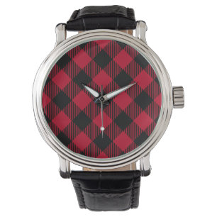 Montre Buffle rouge et noir, Motif Plaid