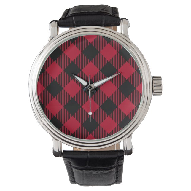 Montre Buffle rouge et noir, Motif Plaid (devant)