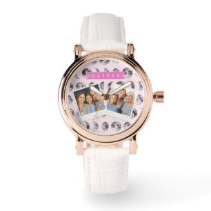 Montre Cadeau Personnalisé Phase de Lune Rose Céleste Nom