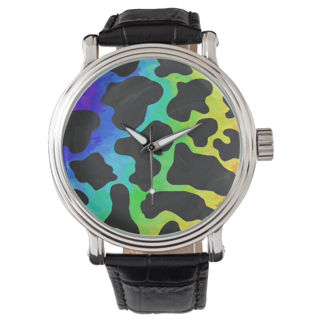 Montre Cadeaux noir et arc-en-ciel de vache (devant)