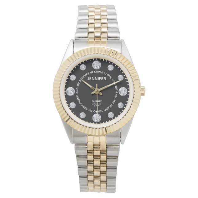 Montre Cadran Diamant Noir Avec Cadran Personnalisable (devant)
