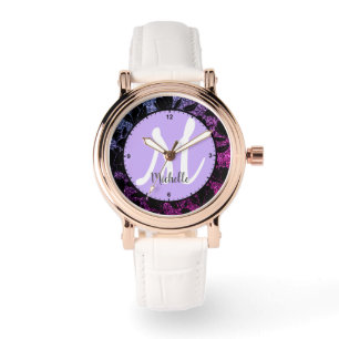 Montre Cadre de motif floral Élégant Nom monogramme