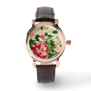Montre Camellias japonais vintage. Rose profond sur le be