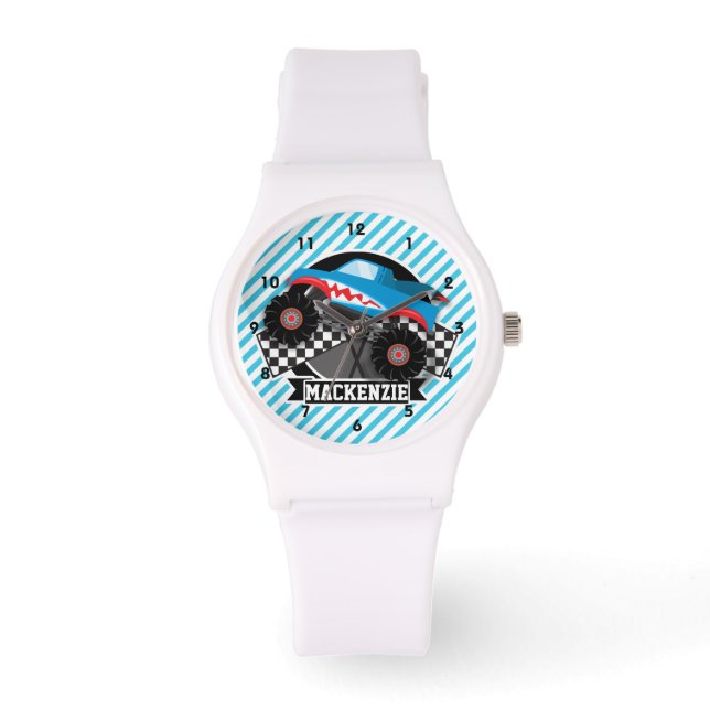 Montre Camion Monster de requin; Drapeau À damiers; Bleu (Recto)