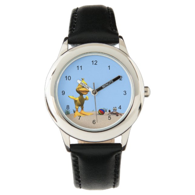 Montre Canard caricaturé mignon et crabe sur la plage (devant)