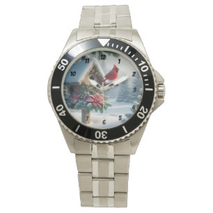 Montre Cardinal d'hiver sur une maison d'oiseaux festive