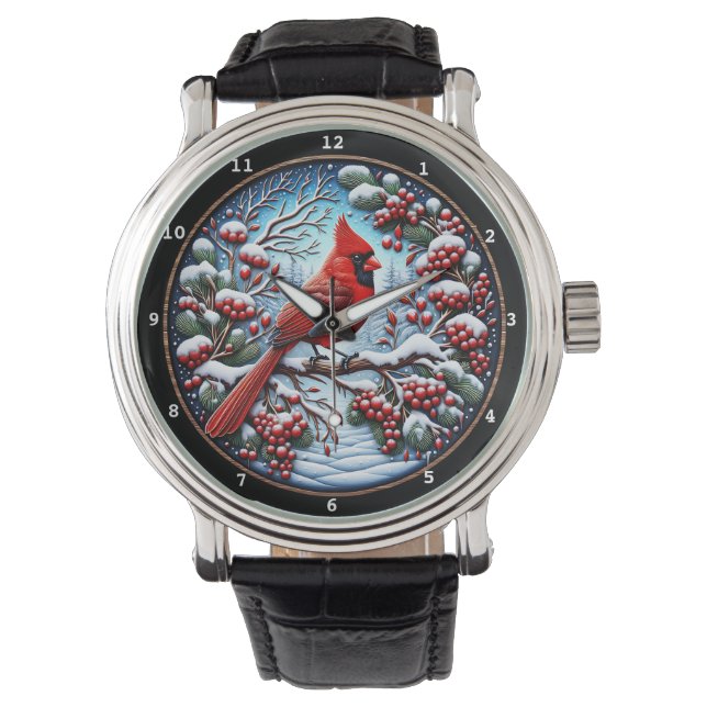 Montre Cardinal rouge sur branche enneigée (devant)