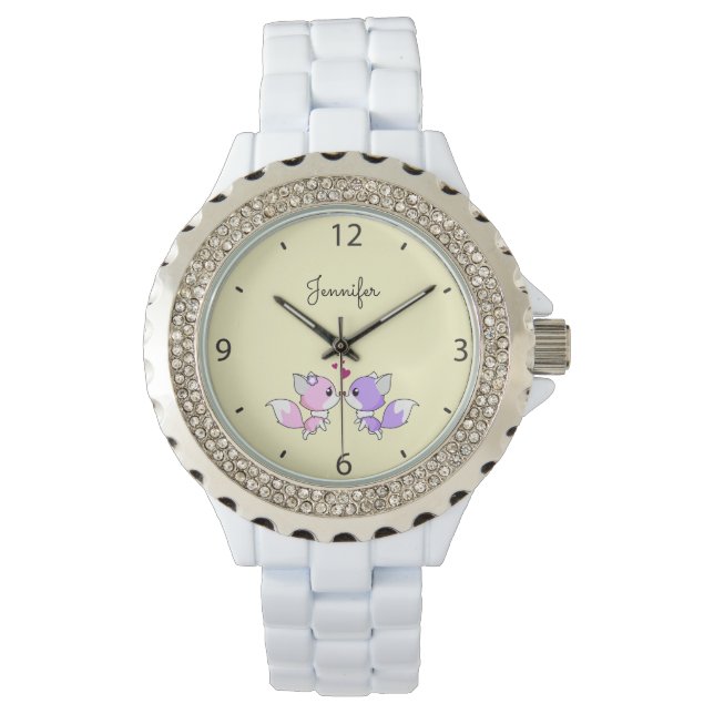 Montre Caricature de renard de Cute kawaii aux noms rose  (devant)