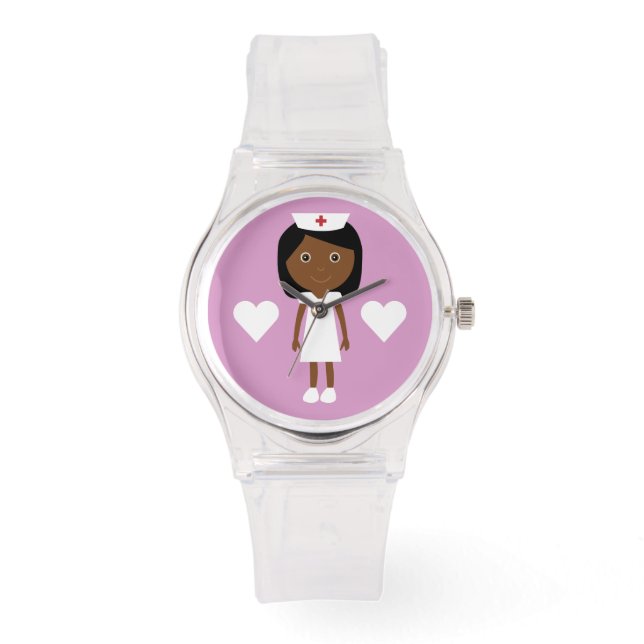 Montre Caricature mignonne Infirmière et Coeurs ethniques (Recto)