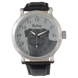 Montre Carlin Noir Cartoon Chien Visage Gros plan Avec No