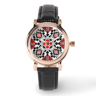 Montre Carrelage marocain floral, rouge profond, noir et 