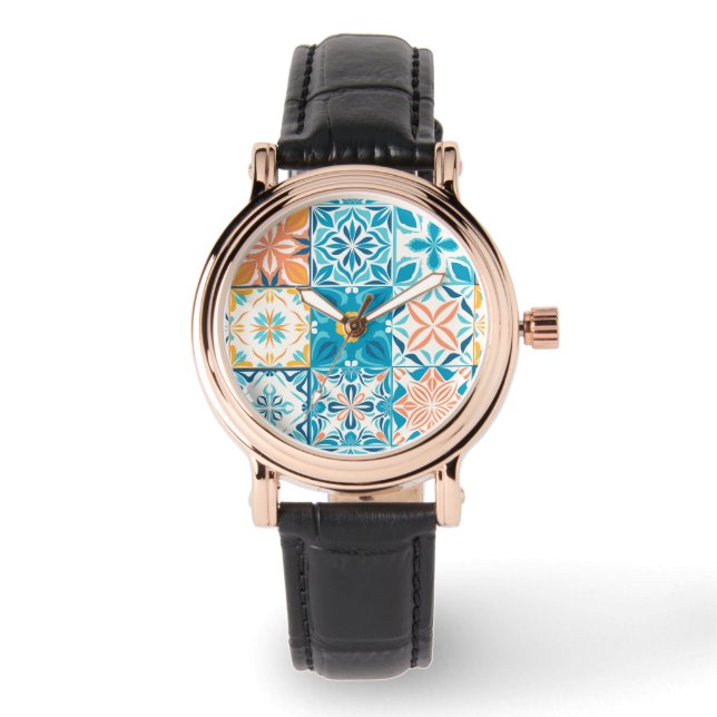 Montre Carrelage orange et bleu (Recto)