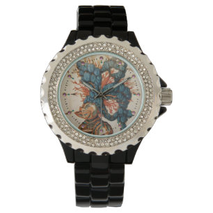 MONTRE CASQUE DE CHEVALIER ANTIQUE AUX FEUILLES BLEU ROUG