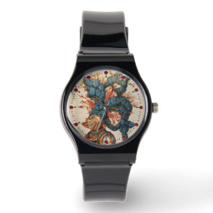 MONTRE CASQUE DE CHEVALIER ANTIQUE AUX FEUILLES BLEU ROUG