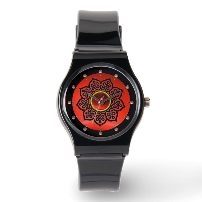 MONTRE CELTIC KNOTS FLEURS ET PIERRES ROUGES EN ROUGE (Recto)