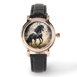 Montre Champ de fleur de lune de cheval noir,