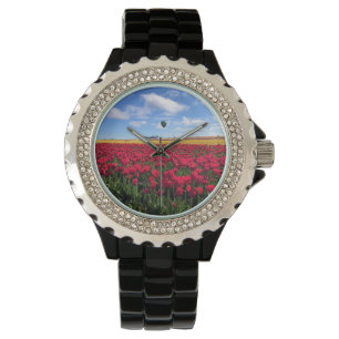 Montre Champ de tulipes rouges et jaunes avec montgolfièr