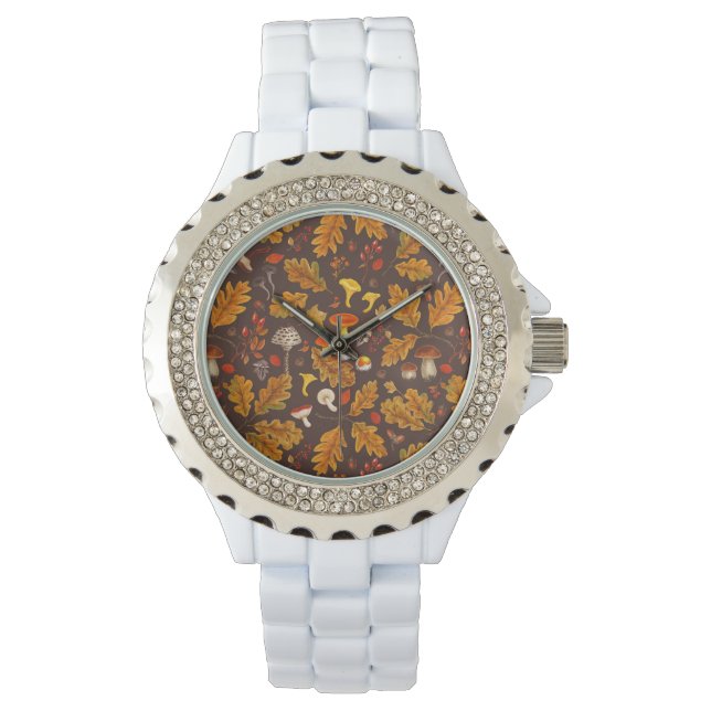 Montre Champignons forestiers et flore d'automne sur brun (devant)