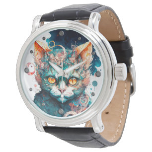 Montre Chat aquarelle en style steampunk