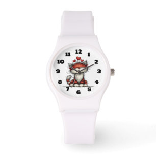 Montre Chat avec coeurs rouges mignon et amusant