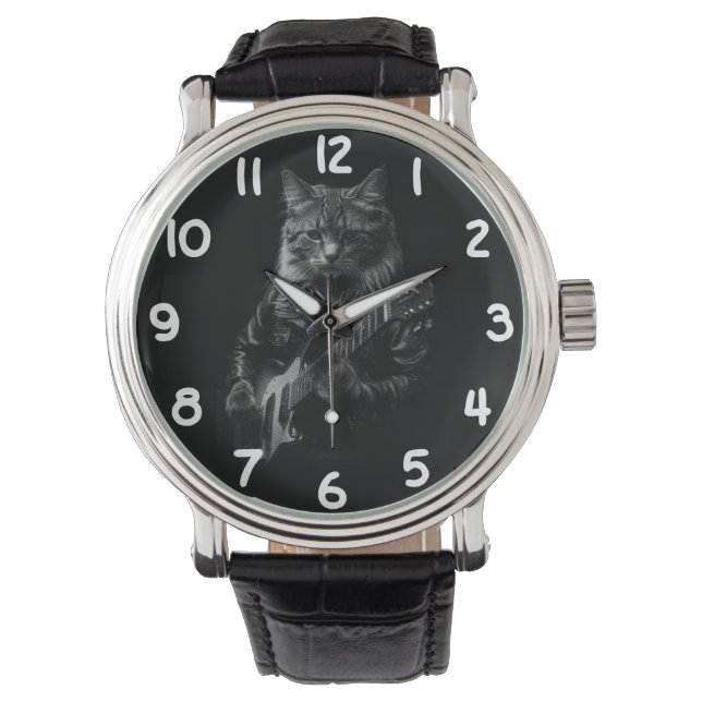 Montre Chat avec cuir Veste jouant guitare électrique (devant)