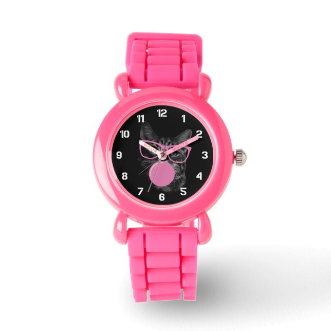 Montre Chat cool avec lunettes roses et gomme à bulles (Recto)