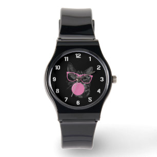 Montre Chat cool avec lunettes roses et gomme à bulles