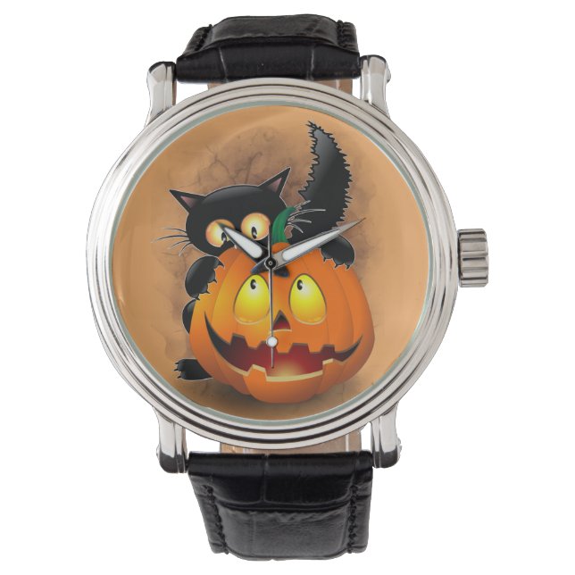 Montre Chat Fun Halloween Caractère mordant un Citrouille (devant)