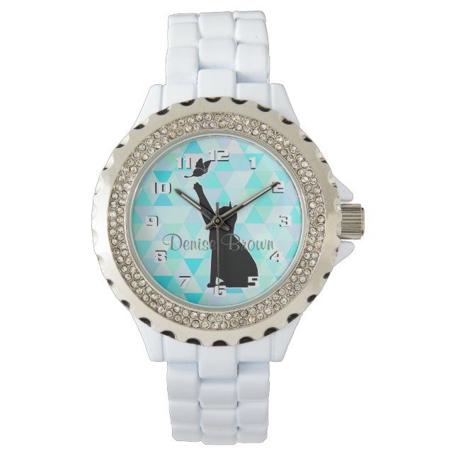 Montre Chat mignon Chasse un papillon Monogramme (devant)