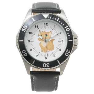 Montre Chat mignonne Homme bracelet en cuir noir