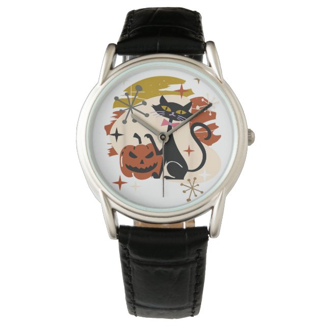 Montre Chat noir et Citrouille rétro atomique Halloween T (devant)