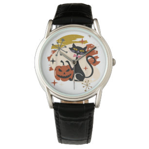 Montre Chat noir et Halloween rétro atomique Citrouille