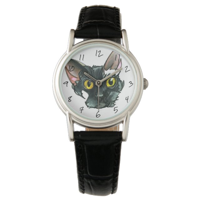 Montre Chat noir femme bracelet en cuir noir (devant)