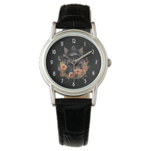 Montre Chat noir mignon dans le Casquette d'une sorcière