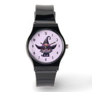 Montre Chat noir mignon portant un Casquette de sorcière