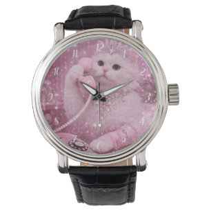 Montre Chat Princesse Glamour Utilisant un Téléphone Rose