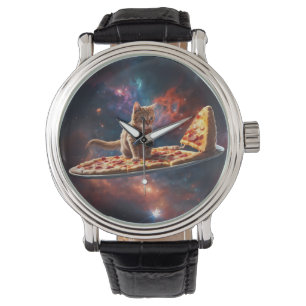 Montre Chat surfant une pizza dans le cosmos
