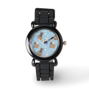 Montre Chats en boîte et gouttes de lait sur bleu