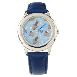 Montre Chats en boîte et gouttes de lait sur bleu