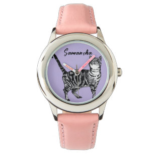 Montre Chatte tigrée noire et blanche Nom Violet 