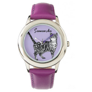 Montre Chatte tigrée noire et blanche Nom Violet 