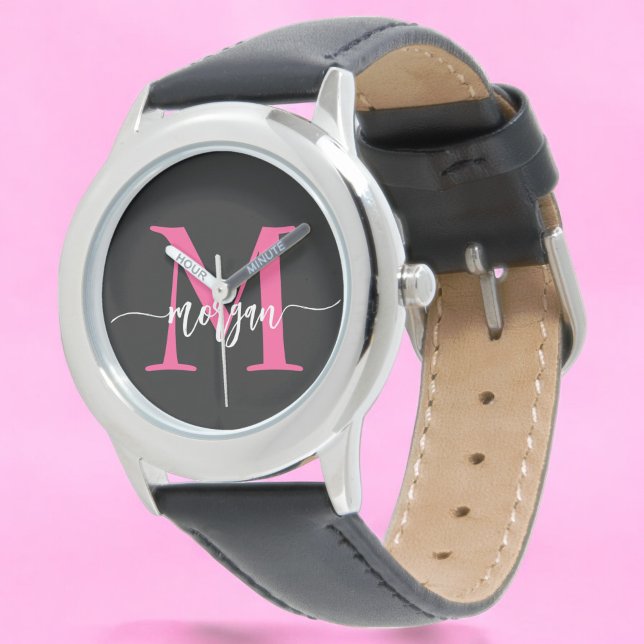 Montre Chaud rose noir moderne Script Girls Monogramme No (Créateur téléchargé)