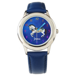 Montre Cheval De Carrousel Blanc Amusant Sur Bleu