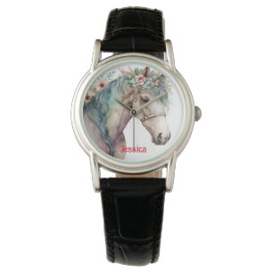 Montre Cheval et fleurs d'aquarelle moderne Nom