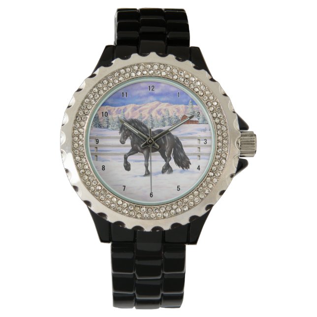Montre Cheval Noir Friésien En Neige (devant)