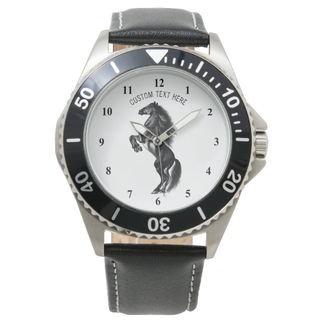 Montre Cheval sauvage noir dressé - Dessin noir et blanc (devant)