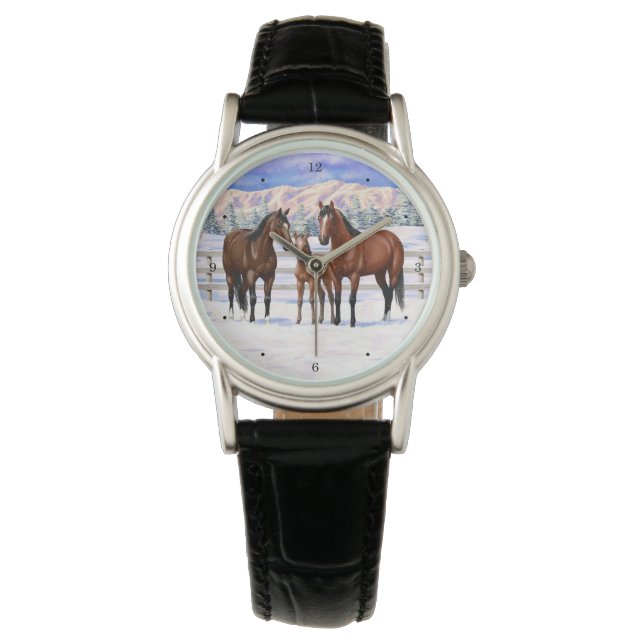 Montre Chevaux Du Quartier De La Baie Brown En Neige (devant)