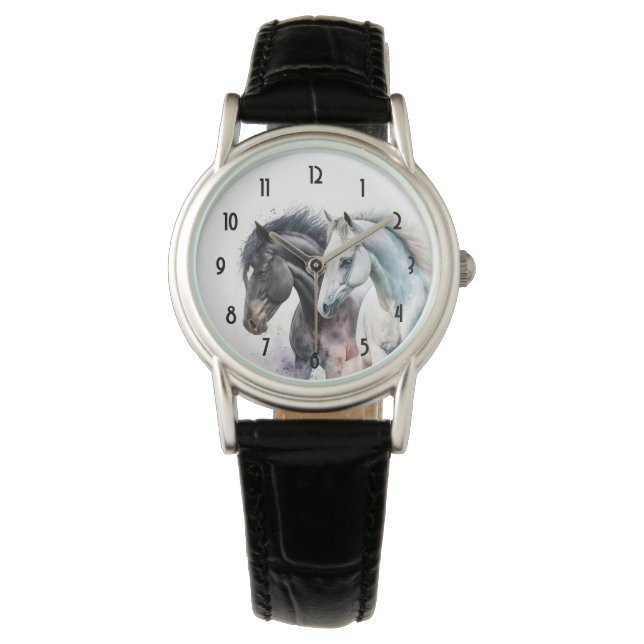 Montre Chevaux noir et blanc en aquarelle (devant)