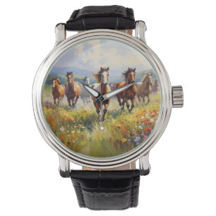 Montre Chevaux Sauvages Galopant dans une Prairie Fleurie